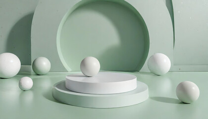 a close up of a white pedestal with balls on a green surface