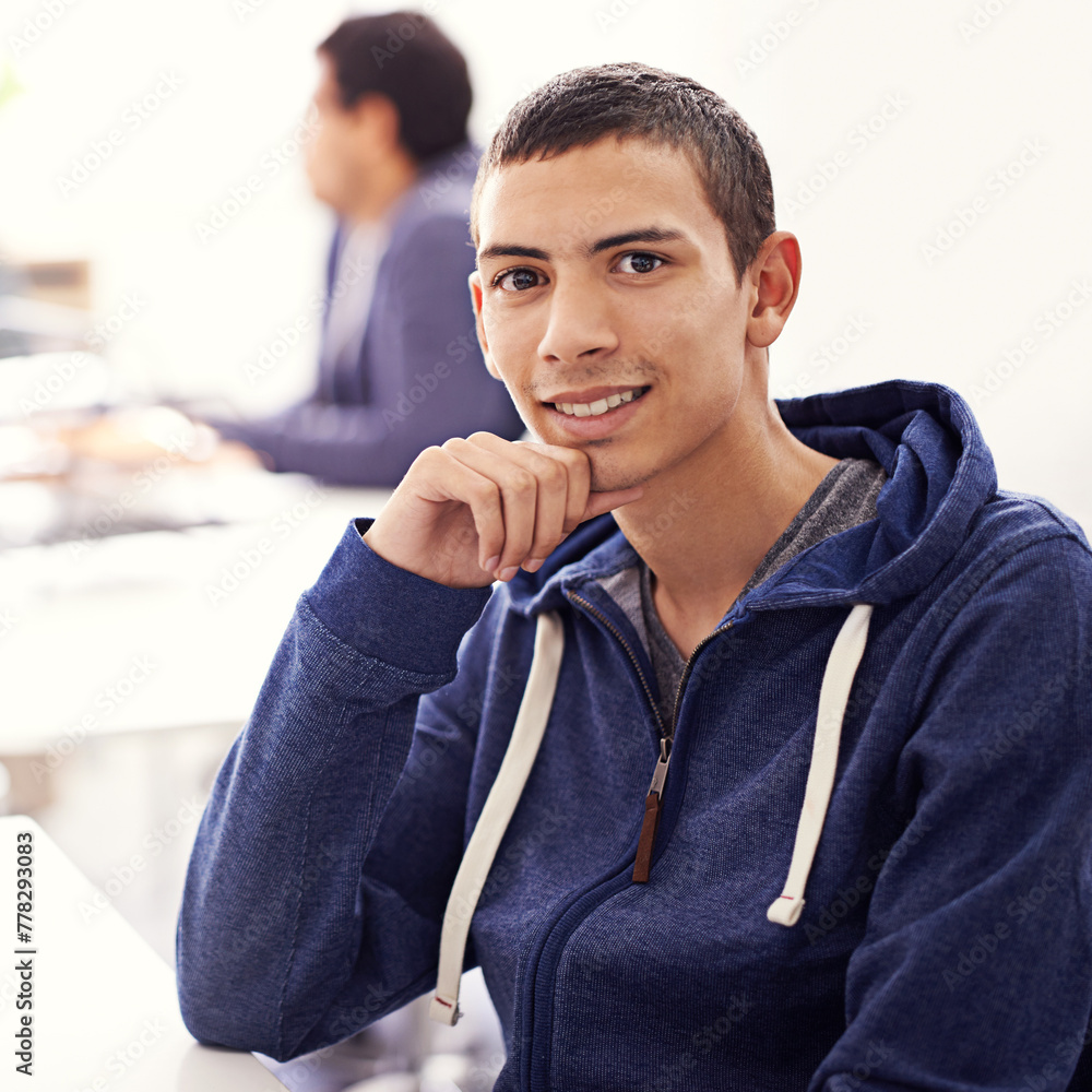Poster Proud, man and portrait in coding workspace for web development, programming or information technology. Game programmer, worker or online graphic designer in office for planning and startup project