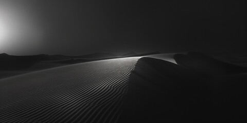 Monochrome Desert Landscape for Tranquil Backgrounds, Serene Sand Dunes Under Moonlight