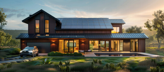 A modern house with solar panels on the roof, featuring dark wood paneling and large windows.