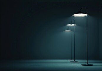 A few long lamps at different angles emit light in a dark environment  - obrazy, fototapety, plakaty