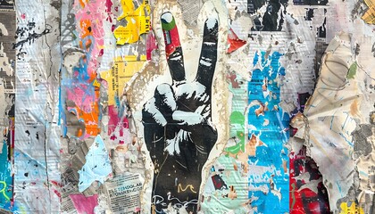 Urban graffiti embodies peace & love through victory hand signs amid multicolored grunge newspapers, conveying positive messages in vibrant street art