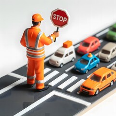 Miniature traffic control worker is holding  stop sign. Ai generated.