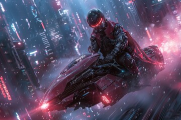 Fototapeta premium Futuristic Bike Rider Speeding in Rain