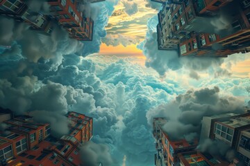 Surreal Inverted Cityscape with Dramatic Clouds