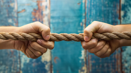 Two hands engage in a tug of war, straining on a thick brown rope against a weathered blue background.