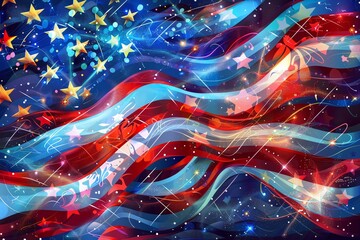 banner featuring Independence Day celebration, fireworks exploding in a night sky background, star graphs and patriotic colours of red, blue, and white cascading across the banner
