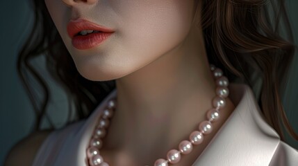 Sophistication in Pearls, close-up shot captures the elegance of a pearl necklace adorning a woman, with a soft focus on her coral lips