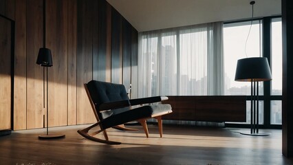 The image features a sunlit living room with a black rocking chair placed in front of a window. The room has wooden walls and floors, and large windows that offer a view of the city. There are two flo
