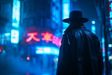 Obraz premium Mysterious Figure on Rainy Neon-lit City Street