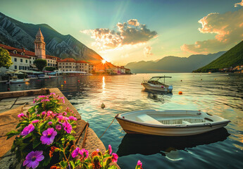 The picturesque town of Perast on the coast, with its historic buildings and colorful architecture,...