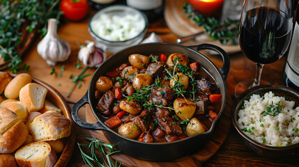 Cinematic Presentation of Beef Bourguignon with Vegetables on a Decorated Table
