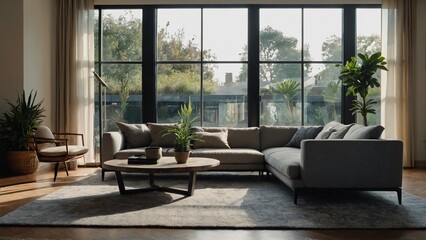 living room interior,A modern living room with a grey sectional sofa, coffee table, and multiple potted plants. Large windows let in natural light and provide a view of the outdoors. - Powered by Adobe