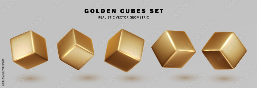 Poster gold metallic 3d cubes set isolated. realistic vector geometric shape different angles in perspectiv