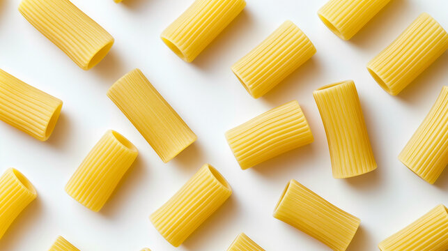 Uncooked rigatoni pasta collection in grid arrangement on white background. Textured pasta design. Showcase of pasta's sauce-holding capability. Design for culinary arts, recipe content.
