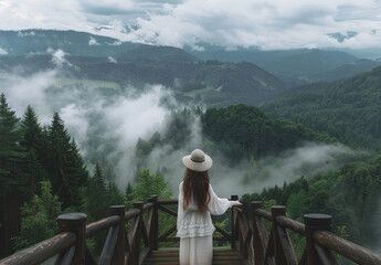 A woman in a white dress and hat standing on a wooden bridge, overlooking the misty forest landscape from a high altitude, with a panoramic view of mountains.