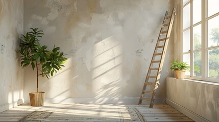 Sunny plant corner with ladder and rug