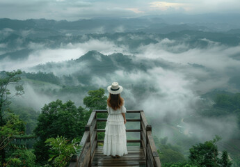 A woman in a white dress and hat standing on a wooden bridge, overlooking the misty forest landscape from a high altitude, with a panoramic view of mountains.