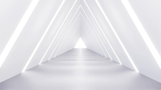 Set futuristic empty white tunnel with bright light various form. 3d seamless loop animation. Abstract futuristic square, triangle and round corridor .