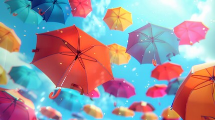 Flying umbrellas on a sunny blue sky