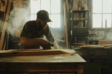 Handsome carpenter using sander while working on a wood in workshop.