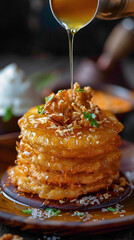 A stack of golden and crispy malpuas, drizzled with fragrant sugar syrup and garnished with chopped nuts and a dollop of rabri, delicious food style, blur background, natural look