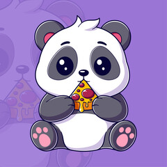 Cute panda eating a small piece of pizza