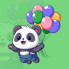 Cute panda floating with balloon in hand