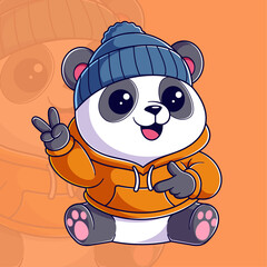 Cute panda sitting and wearing an orange hoodie