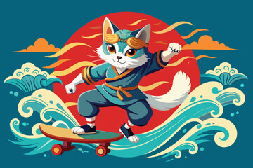 kung fu cat play skateboard background wave japan style