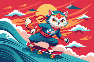 kung fu cat play skateboard background wave japan style