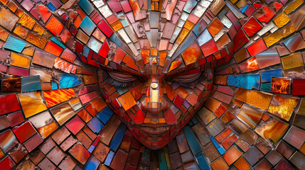 A Human Face Created from Stained Glass Shards - Whole Face - Medium Shot - Eyes Closed.