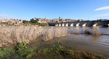 panoramic city scape of city of Tordesillas at the banks of River Duero Castillion e Leon, Spain,...