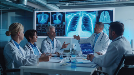 In the conference room, medical providers and doctors in white coats sat around large screens showing chest xray images, with one doctor pointing at an X-ray of someone's lungs to discuss findings - Powered by Adobe