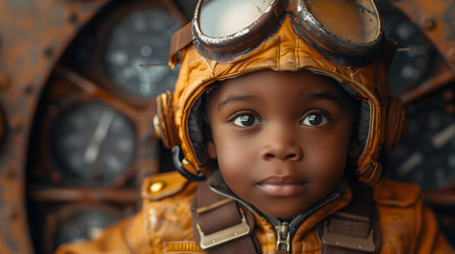 Black Baby Wearing a Pilot Costume with Goggles and Cap