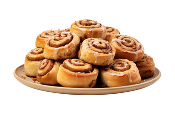 Obraz na płótnie Canvas A Symphony of Cinnamon: A Plate of Freshly Baked Cinnamon Rolls on a White Canvas. White or PNG Transparent Background.