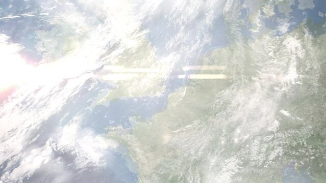 Zoom in from space and focus on Folkestone, UK. 3D Animation. Background for travel intro. Elements of this image furnished by NASA	
