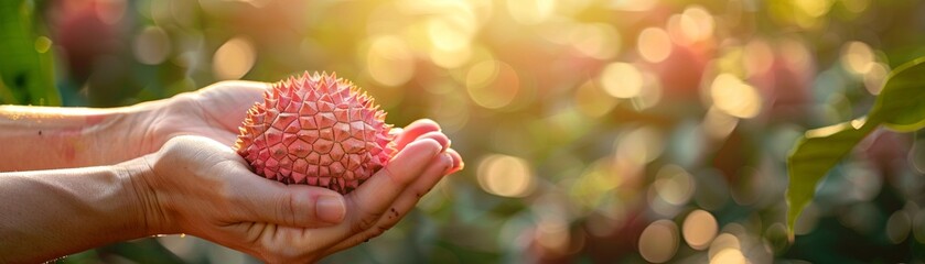 Hand holding pink durian, blurred garden background, focus on unique fruit, sunny day