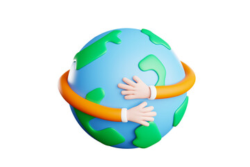 Happy Earth Day. 3D cartoon hand hugging the earth. World environment day concept, save the earth, protect the environment and green life, 3D illustration.