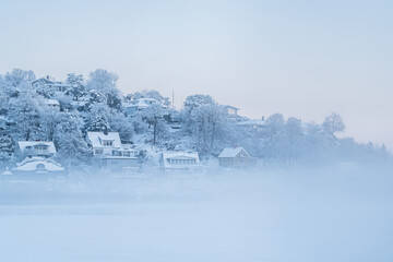 Foggy Winter Lake With Houses on a Hill