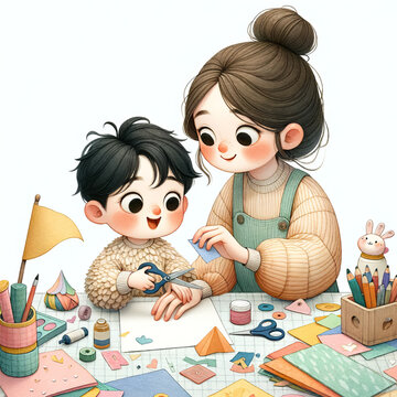 Mother  and a child are sitting at a table with scissors and paper