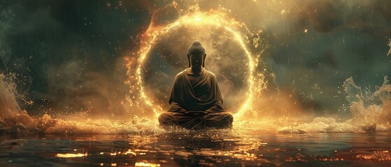 Peaceful Buddha, Bodhis guardian, dark cloth harmony, closed eyes, surrounded by a halo of light