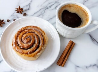 Cinnamon roll next to cup of coffee. Traditional Swedish Breakfast.