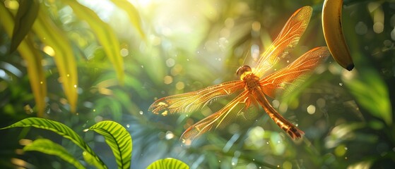 Soaring banana, dragonfly wings, bright daylight, side perspective, whimsical journey