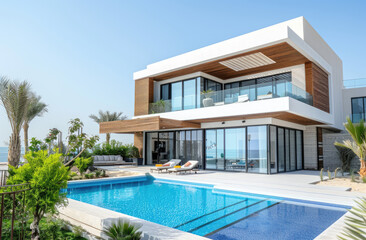 Fototapeta na wymiar Modern house with pool in Dubai, featuring white walls and wood accents. The exterior includes large windows overlooking the swimming area, surrounded by lush greenery