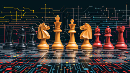 Chess pieces placed on a board with a background of electronic graphic, abstract image showing the use of intelligence and strategy. - obrazy, fototapety, plakaty