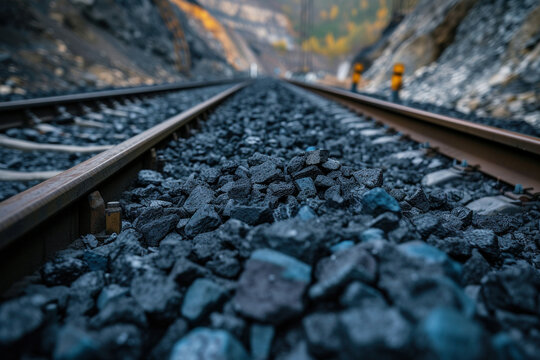 Closeup of a rustic railroad track with gravel and rocks on the side, adding texture and detail to the scene