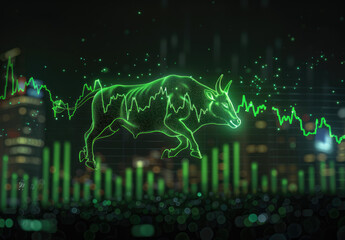 Fototapeta premium the green stock market chart with bull run in motion as background