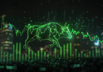 Foto op Canvas the green stock market chart with bull run in motion as background © Kien