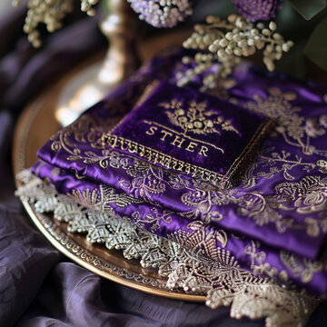 "ESTHER" in a regal purple reflecting the storys royal setting